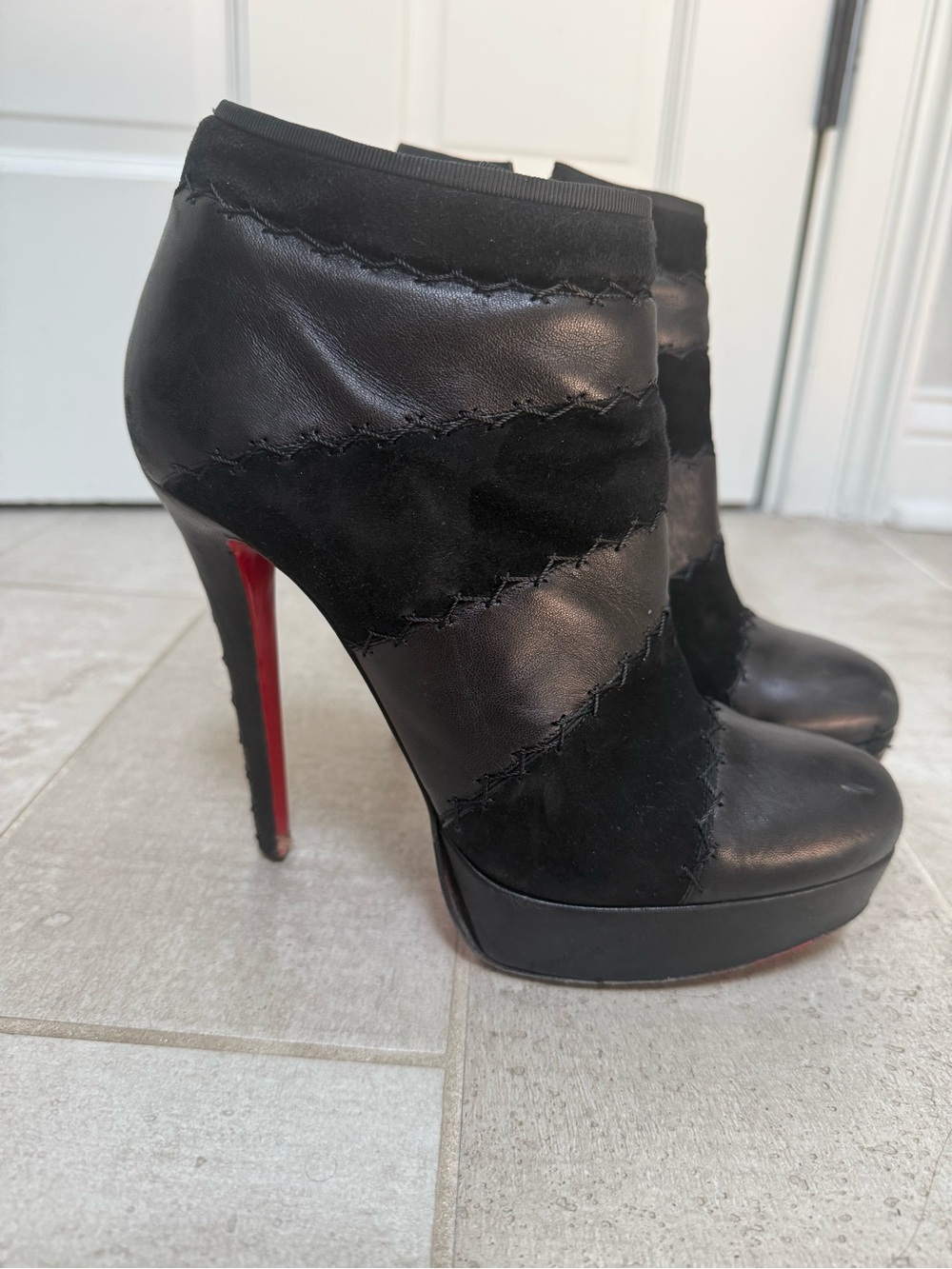 Christian Louboutin Black Leather & Suede Ankle Booties with Red Sole
